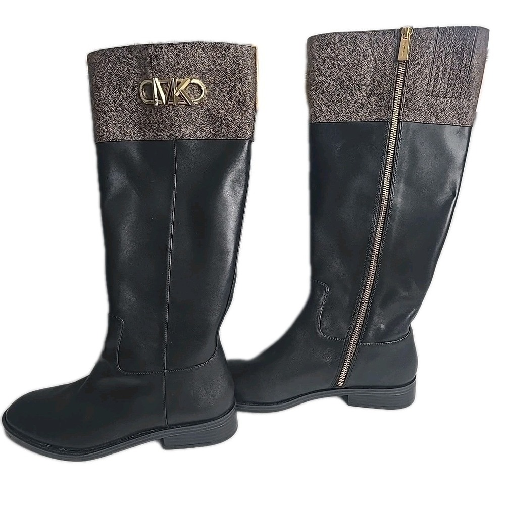 Michael Kors Parker Logo Knee-High Boots Womens‎ Size 10M Leather Gold Monogram